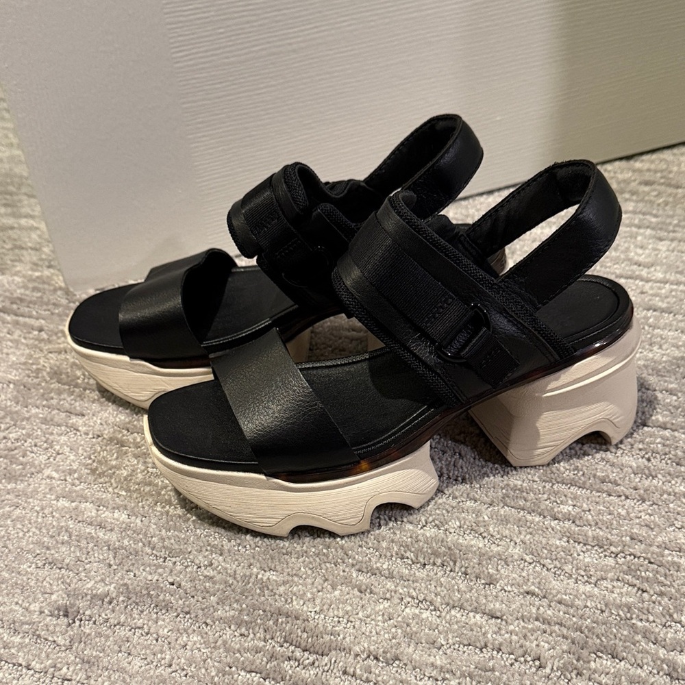 Sorel Black Leather Platform Sandals with Cream Sculpted Sole